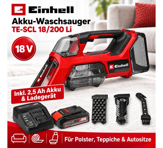 Einhell Akku-Waschsauger TE-SCL 18/200 Li-18V Akku 2,5 Ah + Ladegerät