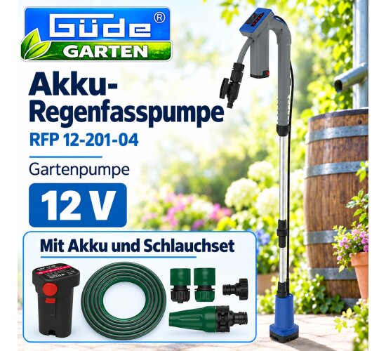Güde Akku Regenfasspumpe 12V RFP 12-201-04 Gartenpumpe inkl. Schlauch Garnitur