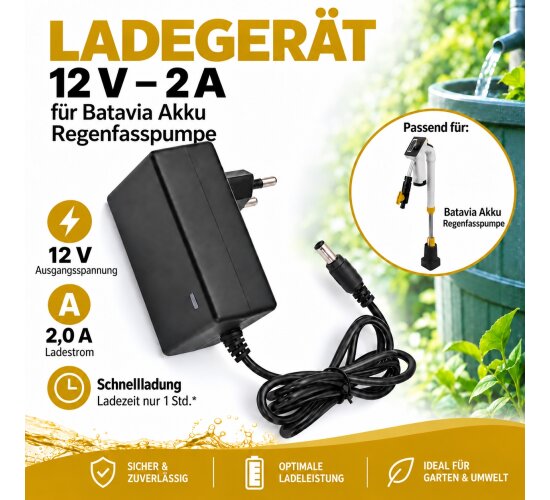 Ladegerät 12V - 2 A für Batavia Akku Regenfasspumpe