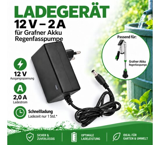 Ladegerät 12V - 2 A für Grafner Akku Regenfasspumpe