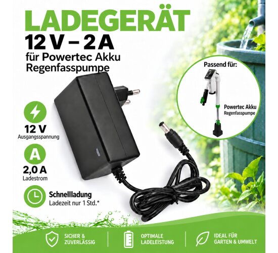Ladegerät 12V - 2 A für Powertec Akku Regenfasspumpe
