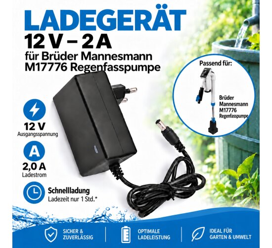 Ladegerät 12V - 2 A  für Brüder Mannesmann M17776 Regenfasspumpe
