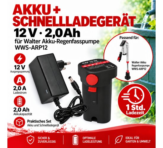 Akku + Schnell-Ladegerät 12V - 2 A für Walter Akku Regenfasspumpe WWS-ARP12