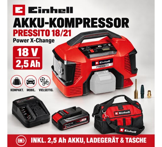 Einhell 18V Akku-Kompressor PRESSITO 18/21 mit Akku 2.5 Ah / Ladegerät, Tasche