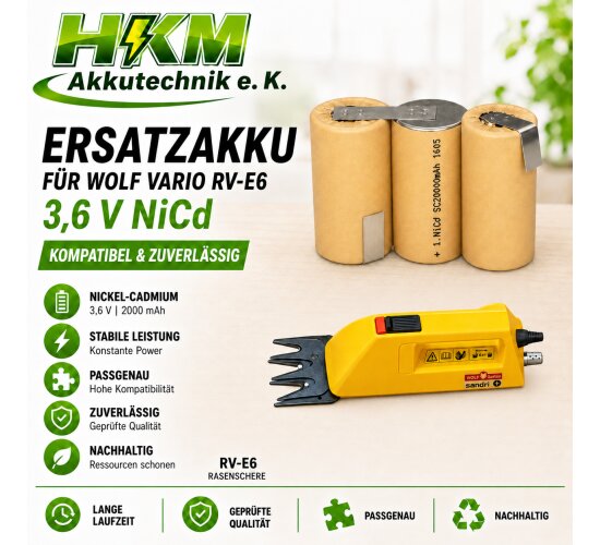 Akku für Wolf  Vario RV-E6 Rasenschere 3,6V  2 Ah   NiCd