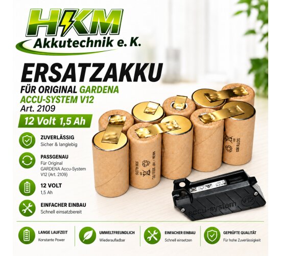 Ersatzakku für Original Gardena Akku Accu-System V12   art 2109  1,5 Ah  12 Volt