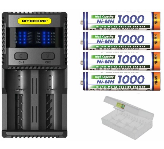 Nitecore SC2 - 3 A Ladeger&auml;t  4 x Panasonic  Akku AAA Micro 1000 mAh  Box