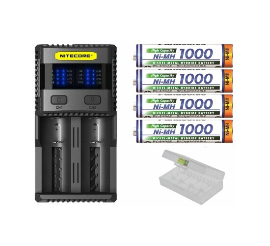 Nitecore SC2 - 3 A Ladegerät 4 x Panasonic Akku AAA Micro 1000 mAh Box