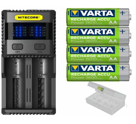 Nitecore SC2 - 3 A Zwei-Schacht-Ladegerät  4 Varta Akku AA Mignon 2600 mAh  Box