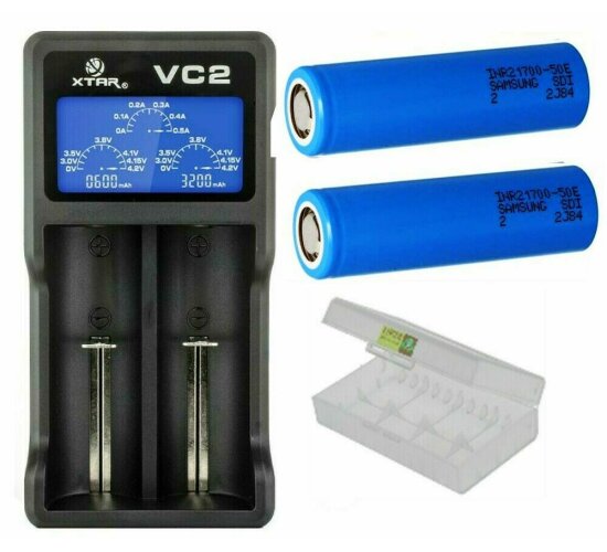 XTAR USB-Ladegerät VC2 LC-Display  Li-Ion  + 2 Samsung 5000 mAh 50E Akku 21700 + Box