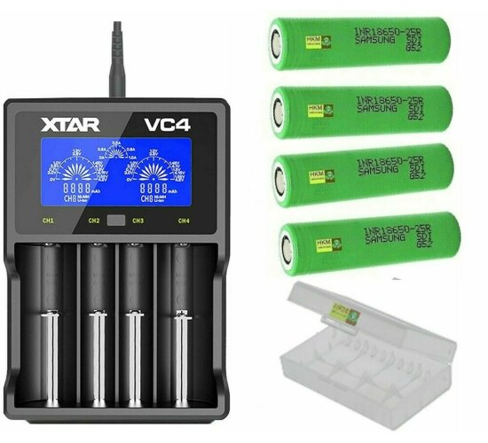 XTAR USB-Ladegerät VC4 LC-Display  Li-Ion & NiMH + 4 Samsung 2500 mAh 25R Akku