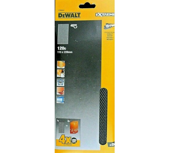 5 Bogen DeWalt Schleifstreifen 115x228mm 120G Schleifgitter/ Klettfix DTM85525