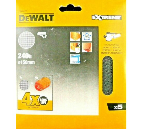 5 DeWalt Exzenter Schleifscheiben Ø 150 mm 240 G Schleifgitter Klettfix DTM3127