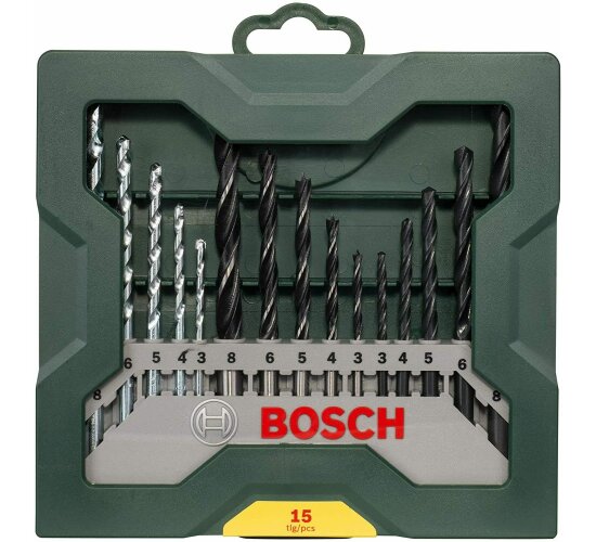 Bosch 15tlg. Mini-X-Line Spiralbohrer Mixed-Set (Holz, Stein und Metall, Zubeh&ouml;r