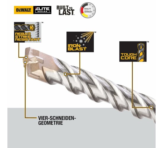 Dewalt SDS-Plus Elite Hammerbohrer DT8923 (8x160x100mm, mit Vier-Schneiden-Geometrie, Vollhartmetall-Kopf & Iron Blast Technologie, für den Einsatz in Beton, Mauerwerk, Natur- & Kunststein)