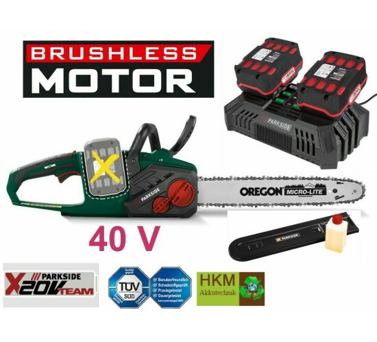 PARKSIDE Akku Kettensäge PKSA 40-Li  Brushless Motor 2 Akku  8 Ah ( 2x 4 Ah ) Ladegerät