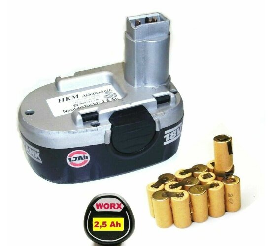 Zellentausch für WORX  Akku 18 V Nicd 1,7 Ah WA 3152 / 3702 mit 2,5 Ah. Sanyo