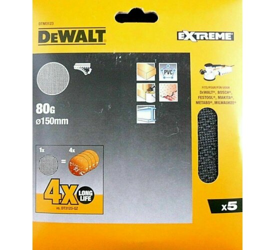 5 Bg. DeWalt Exzenter Schleifscheiben Ø:125mm 80G Schleifgitter/Klettfix DTM3103