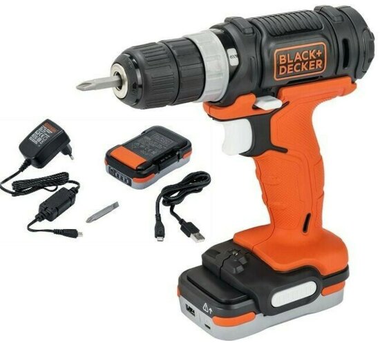 Black & Decker 12 V / 1,5 Ah Li Akku-Bohrschrauber, mit USB-Akku, Powerbank