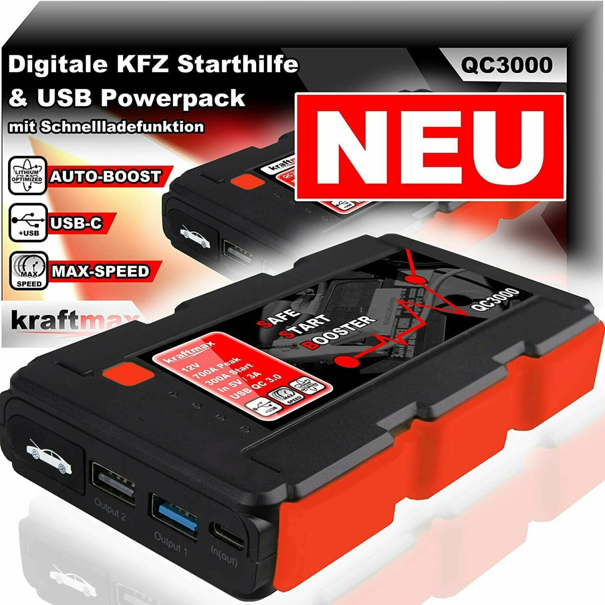 2000A 22000mah tragbare Auto Starthilfe Powerbank Notbatterie Booster QC3.0  Schnellladung Powerbank mit LED-Taschenlampe USB-Anschluss