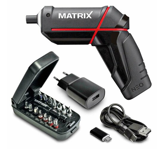 Matrix Akkuschrauber NEO 4 Volt, 5,5 NM Drehmoment, Powerbank , Zubehör, Bits