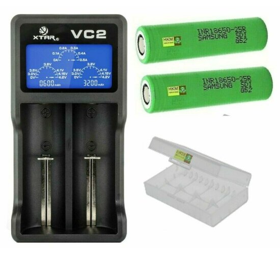 XTAR USB-Ladegerät VC2 LC-Display  Li-Ion  + 2 Samsung 2500 mAh 25R Akku 18650 + Box