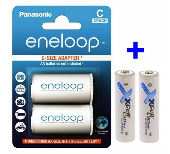 Panasonic Eneloop Adapter AA R6 nach C R14 für 1xAA 2er Blister BQ-BS2E/2E + 2 X Xcell Akku LSD 2100 mah