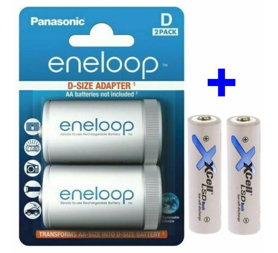 Panasonic Eneloop Adapter AA R6 nach D Mono Akku / Batterie plus 2 x Xcell Akku AA LSD 2100 mAh
