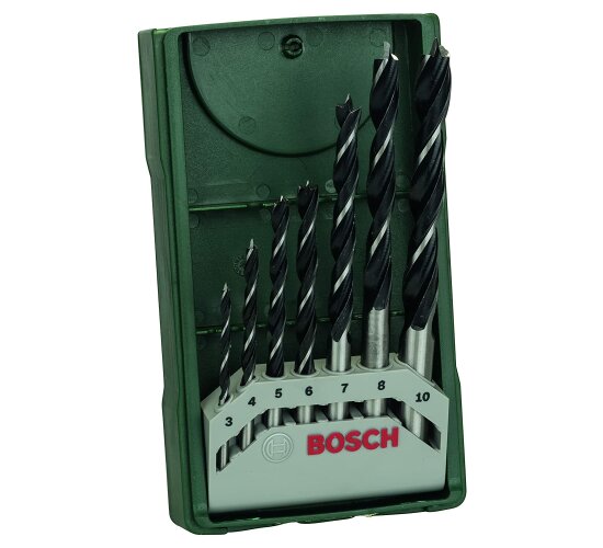 Bosch 7tlg. Mini-X-Line Holzspiralbohrer-Set (für Weich- und Hartholz, Ø 3-10 mm, Zubehör Bohrschrauber und Bohrständer)