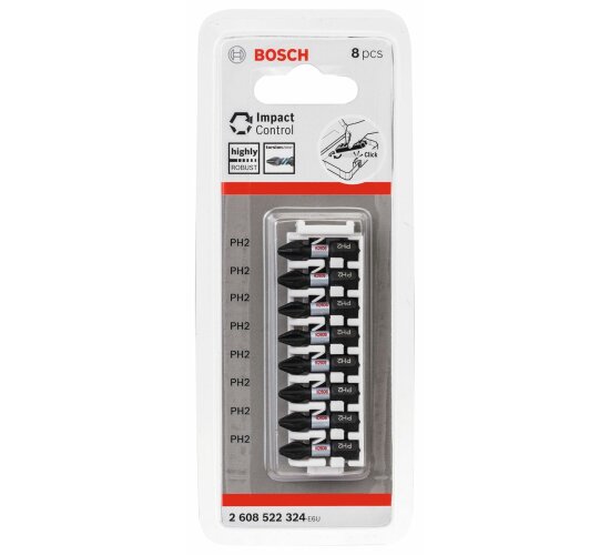 Bosch Professional 8tlg. Schrauber Bit Set Kreuzschlitz (Impact Control, PH2 Bits, Länge 25 mm, Pick and Click)