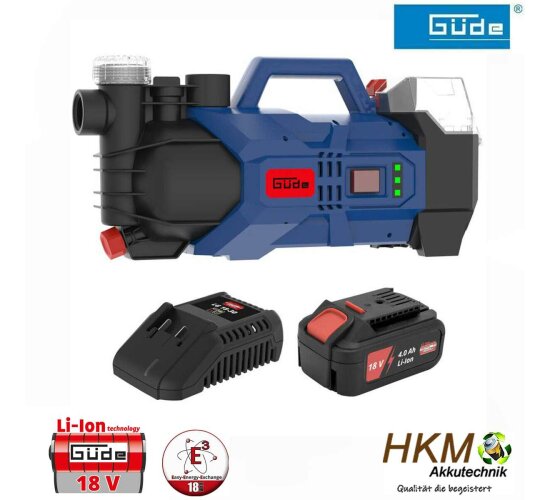 Güde Akku Gartenpumpe GP 18-0 18 V Wasserpumpe Pumpe mit Akku 4.0 Ah und Ladegerät integrierter Wasserfilter