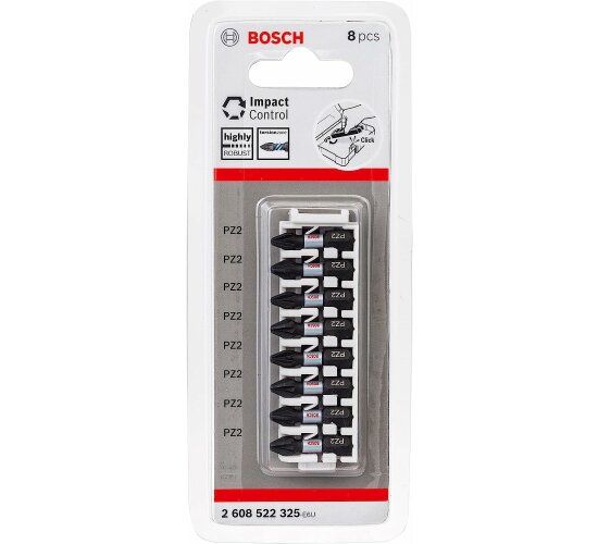 Bosch Professional 8tlg. Schrauber Bit Set Kreuzschlitz (Impact Control, PZ2 Bits, Länge 25 mm, Pick and Click, Zubehör Schlagschrauber Bohrschrauber)