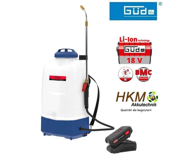 Güde Akku Rückensprühgerät SG 18-201-23 R (18 V, 15 l Tank, Teleskop Spritzlanze 600-1000 mm aus Aluminium, Tragegurt, einstellbare Messingdüse für Punktstrahl/Sprühnebel, inkl. Akku & Ladegerät