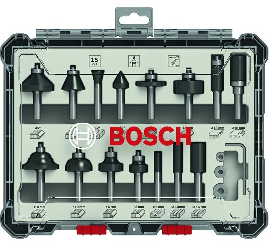 Bosch Professional 15tlg. Fräser Set Mixed (für Holz, Zubehör Oberfräsen mit 8 mm Schaft)