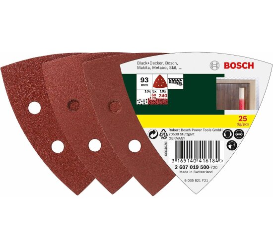 Bosch Schleifblatt 25 Stück, 93 mm, Körnung 60/120/240  für Deltaschleifer , 6 Löcher