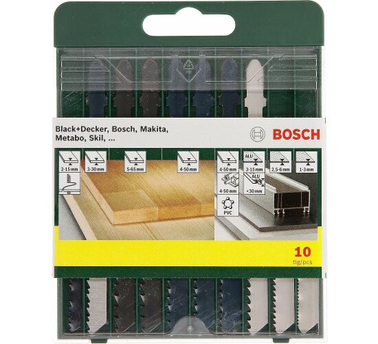 Bosch 10-teilige Stichsägeblatt Set ffür Holz/Metall/Kunststoff, T-Schaft, Zubehör für Stichsäge