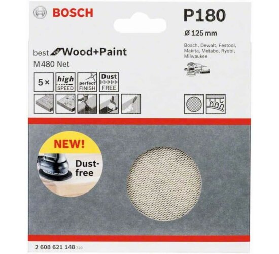 Bosch Professional 5 Stück Schleifblatt M480 P180  Wood and Paint  Ø 125 mm,