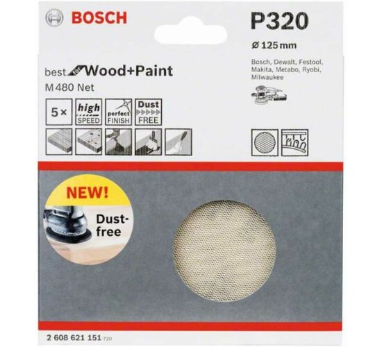 Bosch Professional 5 Stück Schleifblatt M480 P320  Wood and Paint  Ø 125 mm,