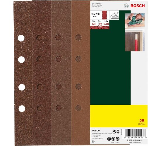 Bosch Schleifblatt Set 25 Stück 93 x 230 mm, 60/80/120/240, 8 Löcher ohne Klett