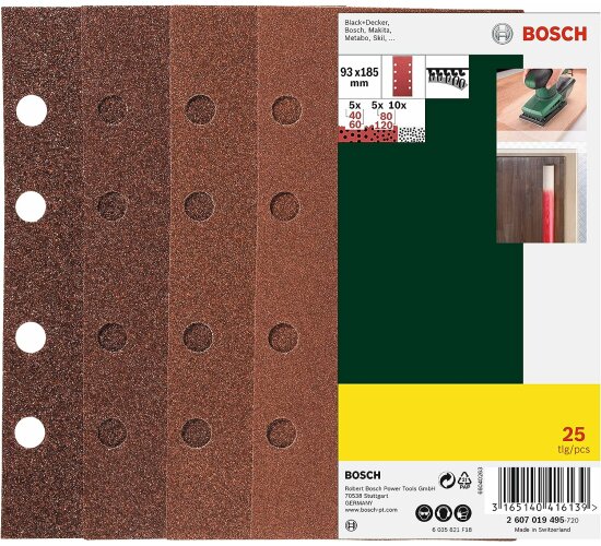 Bosch Schleifblatt Set 25 Stück 93 x 185 mm, 60/80/120/240, 8 Löcher mit Klett