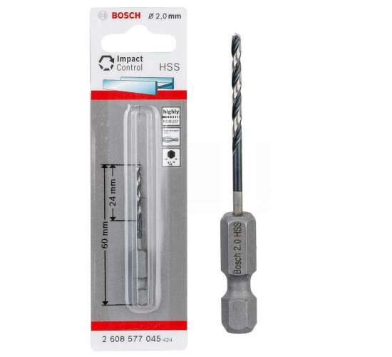 Bosch Professionel HSS Metall Bohrer 2 mm 1/4 Hex IMACT CONTROL Sechskant Schaft