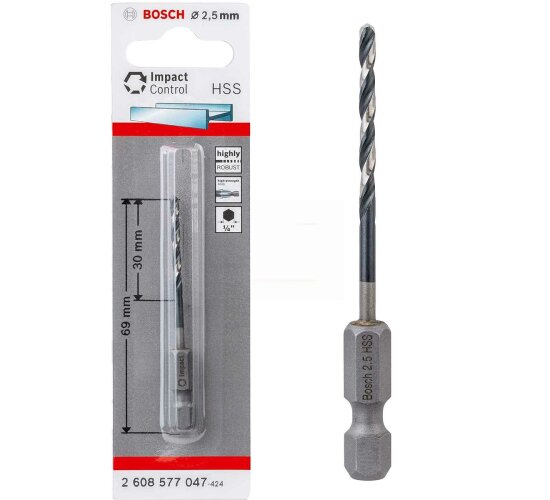 Bosch Professionel HSS Metall Bohrer 2,5 mm 1/4 Hex IMACT CONTROL Sechskant Schaft