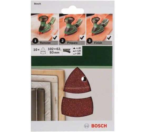 Bosch Schleifblatt 10 Stück,102 x 62/93 mm Körnung 40/120/180 für Multischleifer