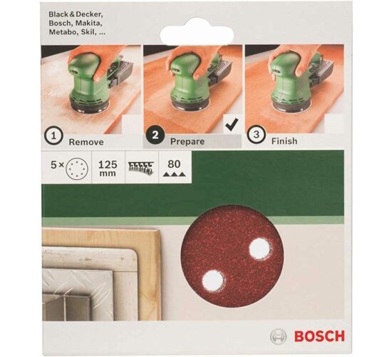 Bosch 5 tlg. Schleifblatt Set Ø 125 mm, Körnung P 80  Zubehör Exzenterschleifer