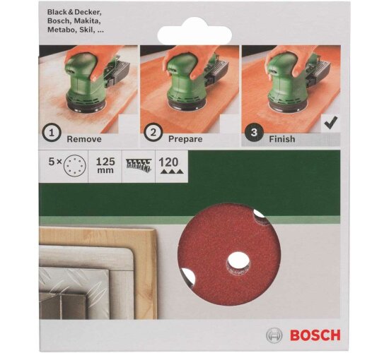 Bosch 5 tlg. Schleifblatt Set Ø 125 mm, Körnung P 120  Zubehör Exzenterschleifer