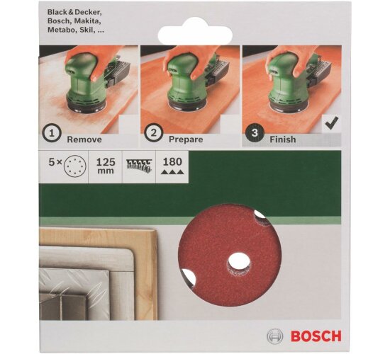 Bosch 5 tlg. Schleifblatt Set Ø 125 mm, Körnung P 180  Zubehör Exzenterschleifer