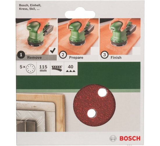 Bosch 5 tlg. Schleifblatt Set Ø 115 mm, Körnung P 40  Zubehör Exzenterschleifer