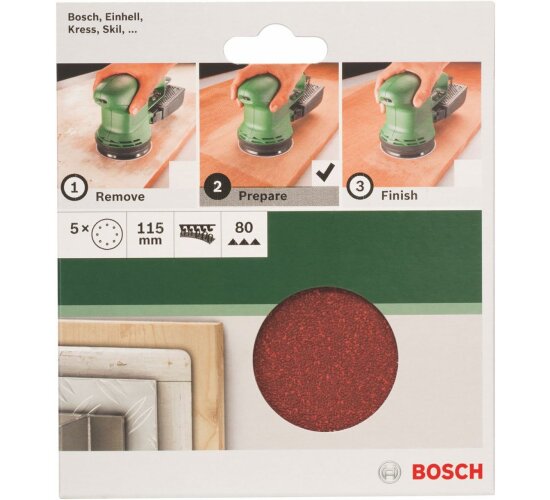 Bosch 5 tlg. Schleifblatt Set Ø 115 mm, Körnung P 80  Zubehör Exzenterschleifer