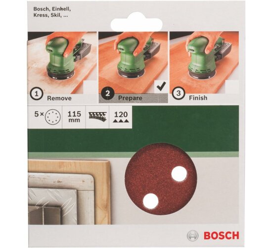 Bosch 5 tlg. Schleifblatt Set Ø 115 mm, Körnung P 120  Zubehör Exzenterschleifer