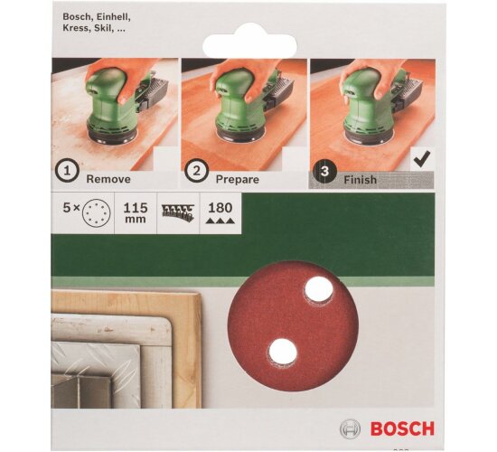 Bosch 5 tlg. Schleifblatt Set Ø 115 mm, Körnung P 180  Zubehör Exzenterschleifer